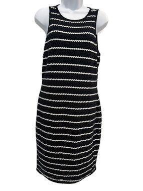Caché Sleeveless Black and White Striped Knit Bodycon Dress. Large